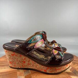 Spring Step Bonita Brown Leather Wedge Sandals Floral Womens 37 6